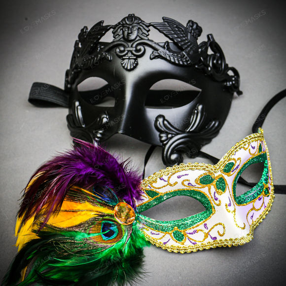 ILOVEMASKS Accessories - Venetian Black Ball Warrior Men & Women Feather Green Glitter Eye Couple Mask